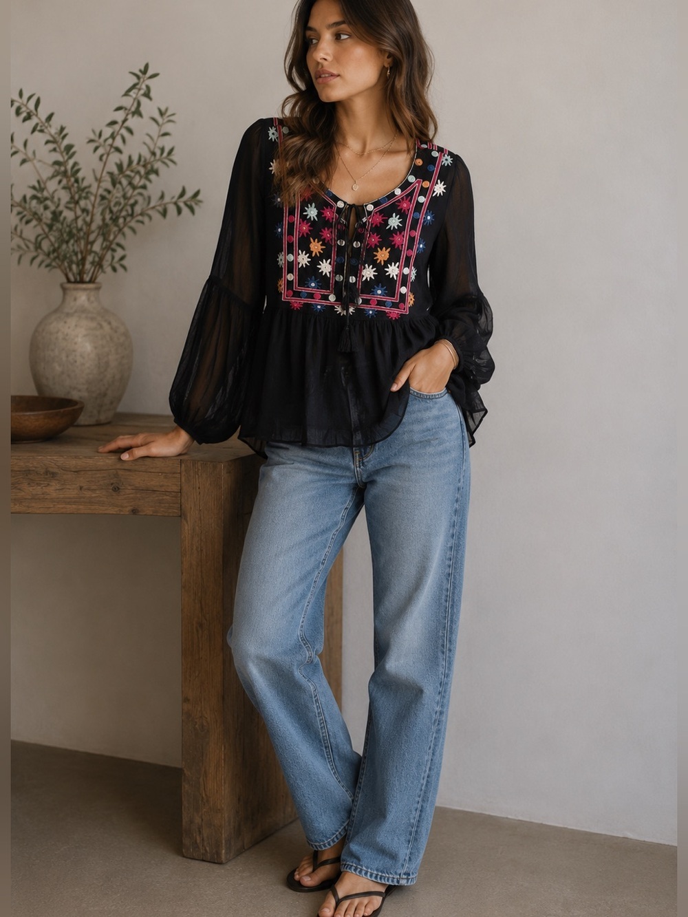 Monoreno Boho Tunic Top Women Small Embroidered Floral Tunic Shirt Sheer C5